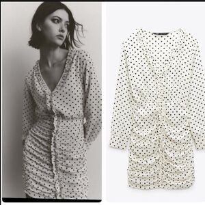 Zara White Black Polka Dot Mini Dress‎ Ruched Draped Size XS Sexy